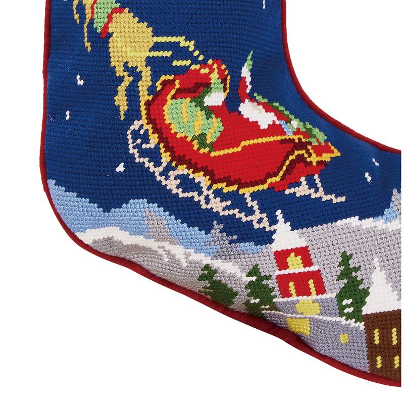 Santa and Reindeer Embroidered Needlepoint Stocking - 11"x18"
