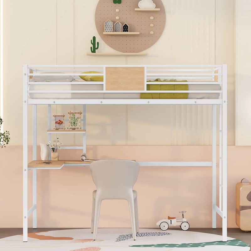 Twin Size Metal Loft Bed with Built-in Desk and Shelves, Kids Space-Saving Bed with Guardrails and Ladder - White - Twin