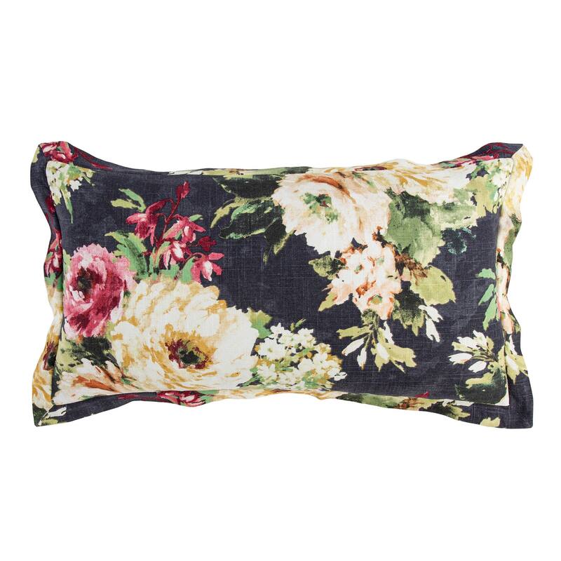HiEnd Accents Peony Washed Linen Watercolor Flower Print Chic Casual Lumbar Kidney Accent Pillow, 14x28 inch - Charcoal