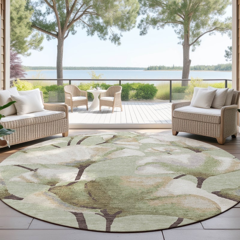 Machine Washable Indoor/ Outdoor Floral Love Chantille Rug - Celery - 8' x 8'