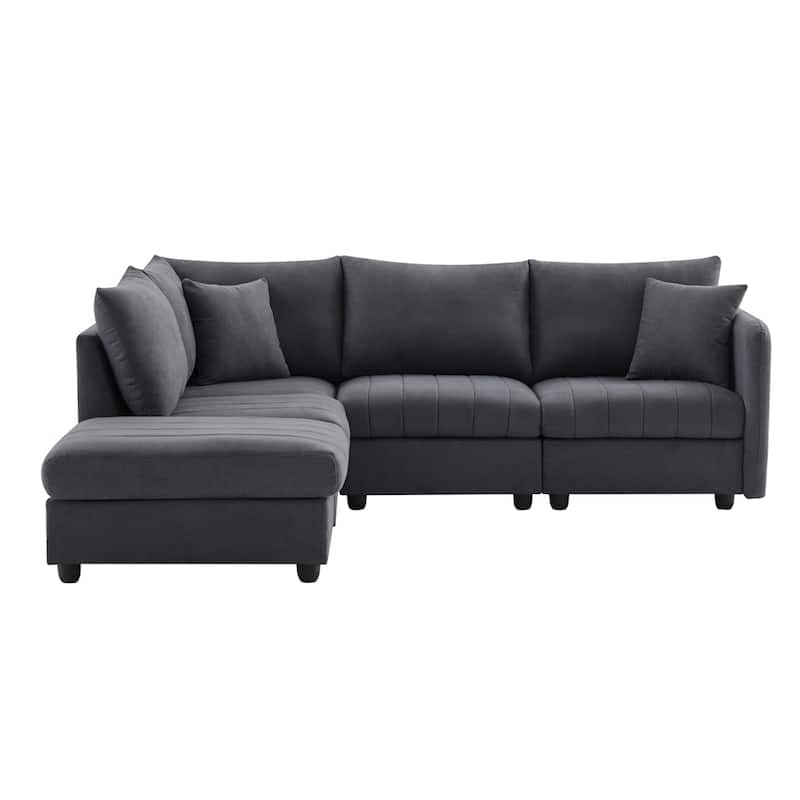 Modern L-Shape 5-Seat Sectional Sofa w/ 2 Pillows, Convertible Ottoman - Dark Grey