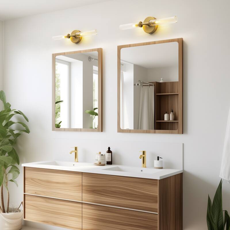 2-Light Mid-Century Modern Brushed Gold/Matte Black Finish Linear Vanity Light with Clear Striped Glass for Bathroom