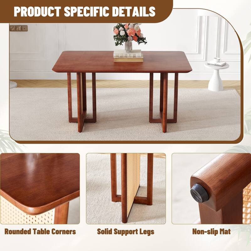 Walnut Solid Wood Dining Table 59 Inch Rubberwood Frame Imitation Rattan Legs 30 Inch Height Multifunctional