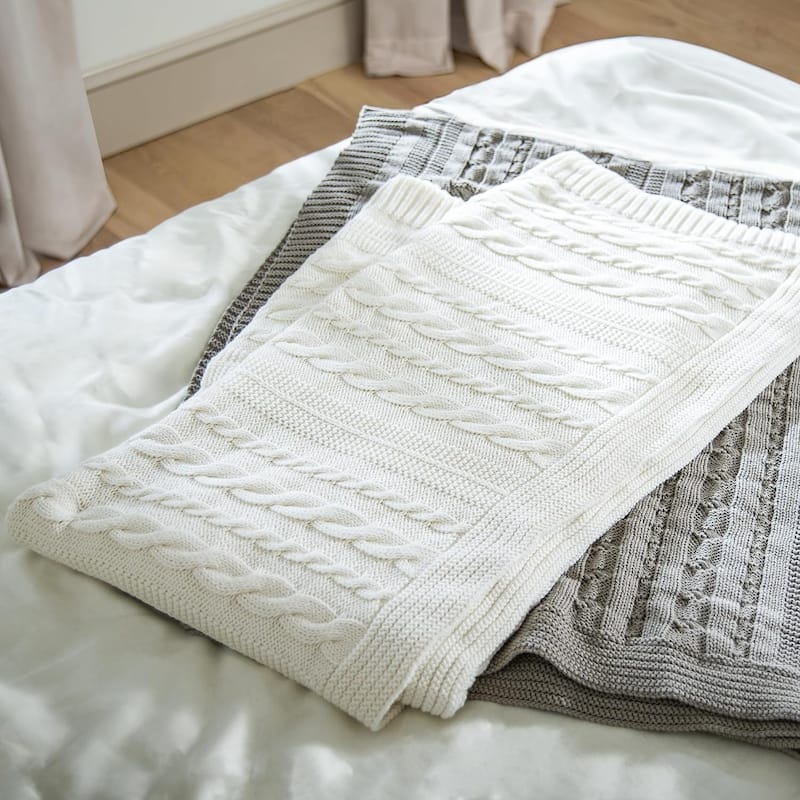 Delara Organic Cotton Throw Blanket 50x70 inches, GOTS Certified Cable Knitted Throws Blanket for Sofa Couch Bed, Baby Nursery