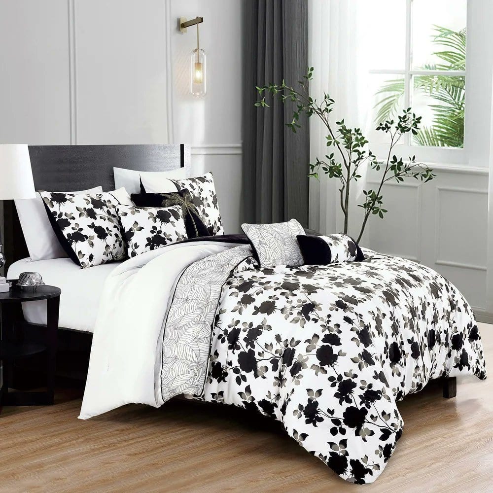 7 Piece White Black Floral Comforter Set Embroidery Soft Bedding