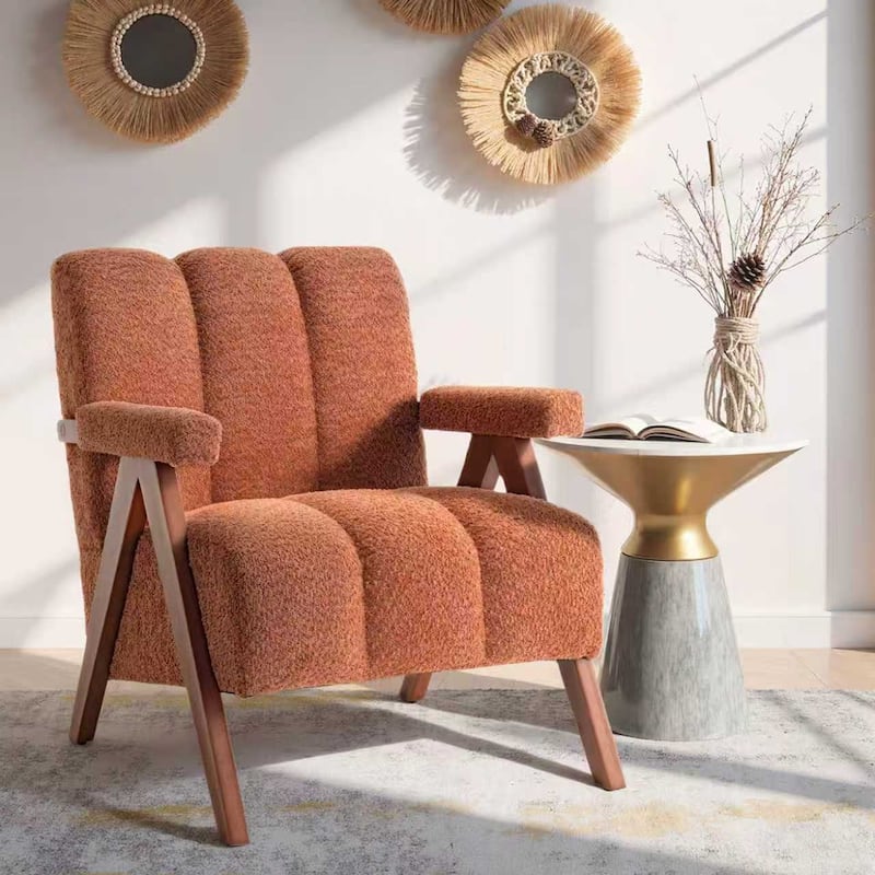 Mid Century Modern Accent Chair, Chenille Armchair with Solid Wood Legs, Channel Tufted Comfy Reading Chair for Living Room - Orange