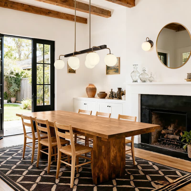 Aladari Modern Gold 6-Light Chandelier Opal Glass Rectangle Island Lights - Brushed Black Nickel - L 33.5" x W 15" x H 8.7"