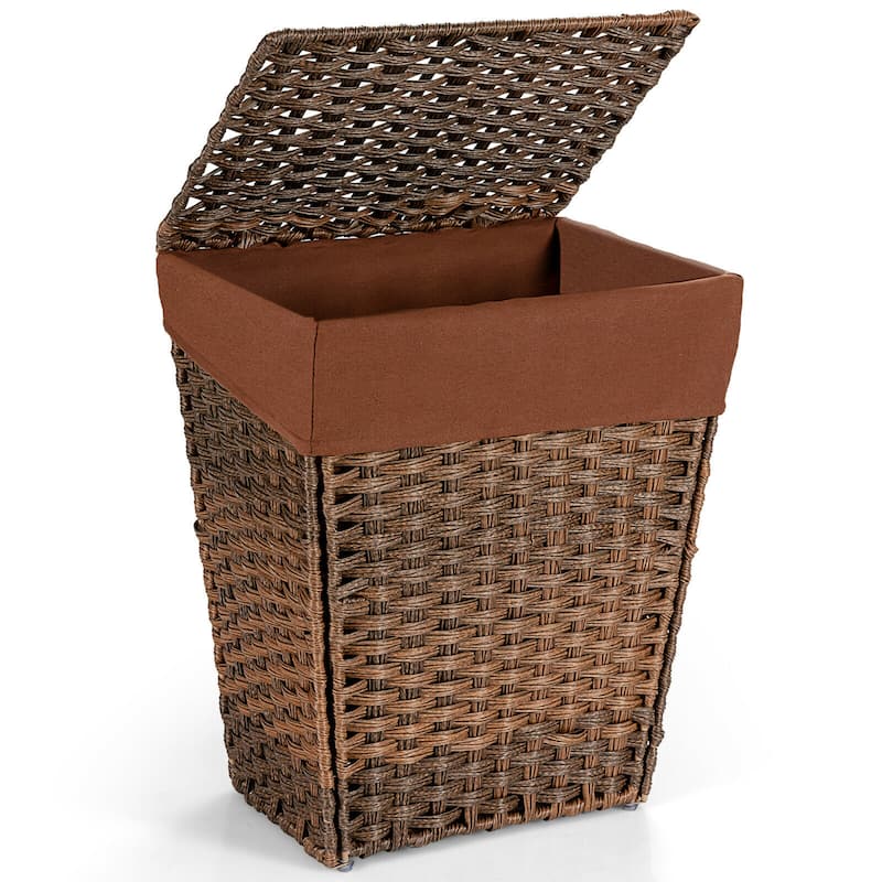 Gymax Handwoven Laundry Hamper Foldable w/Removable Liner, Lid & - 17.5'' X 12'' X 21''