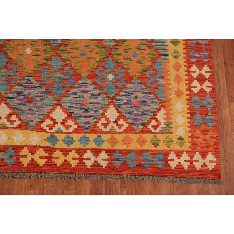 Trellis Geometric Kilim Oriental Area Rug Hand-Woven Wool Carpet - 8'4"x 10'10"