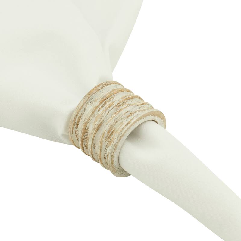 Wood Ribbed Design Napkin Rings (Set of 4)