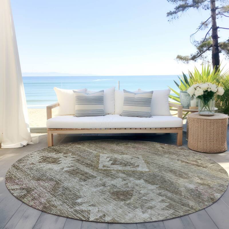 Machine Washable Indoor/ Outdoor Chantille Boho Tribal Rug - Brown - 8' x 8'