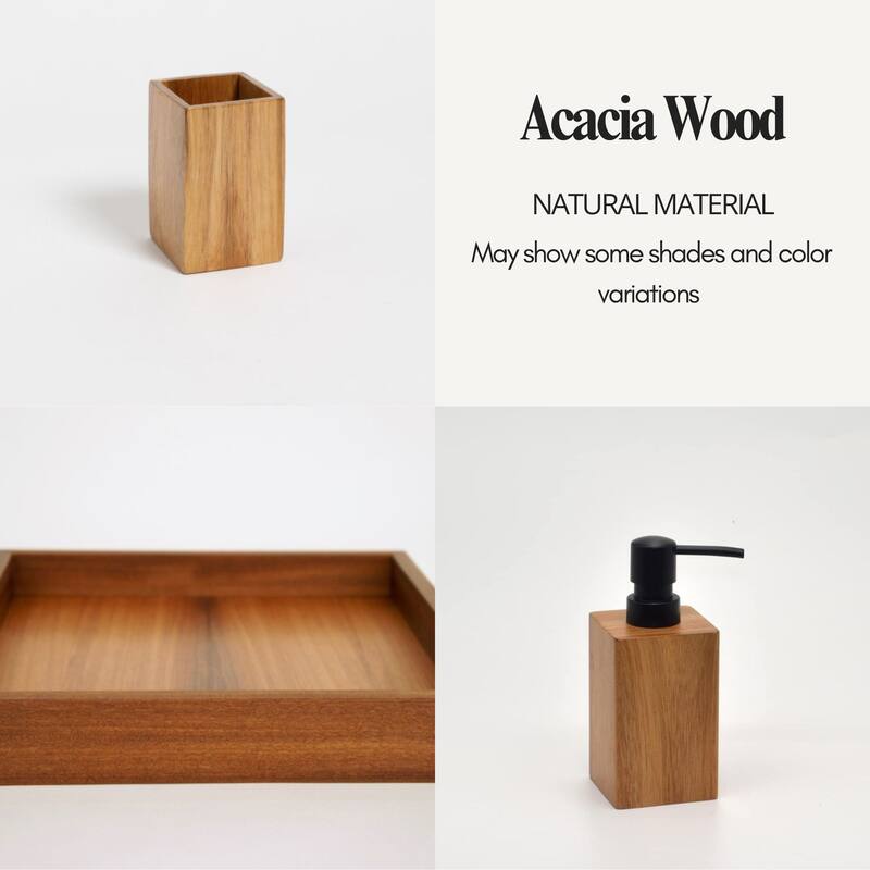 Acacia Bathroom Accessory Set 3-Pieces Square - tumbler, soap dispenser and a square tray
