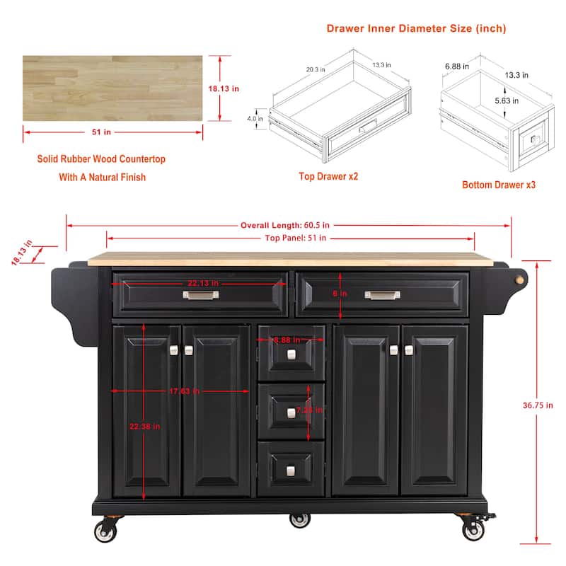 Cambridge Natural Wood Top Kitchen Island with Storage and Casters