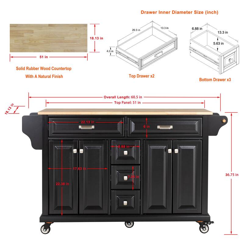Kitchen Island with Rubber wood Countertop, Kitchen Cart on 5 Wheels with Storage Cabinet and 5 Drawers for Dinning Room