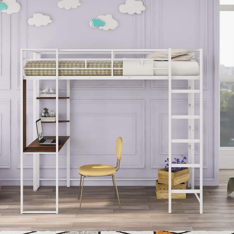 White Twin Size Metal Loft Bed with Ladder, Fence, Shelves, and Desk