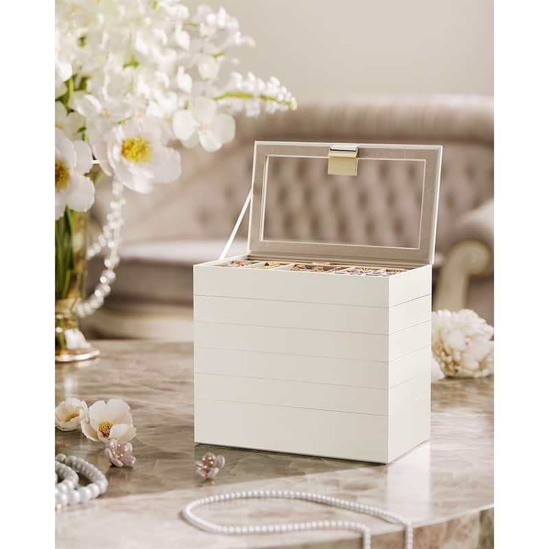 Multi-Layer Jewelry Storage Box with Stackable Trays and Soft Velvet Interior Protection and Glass Lid