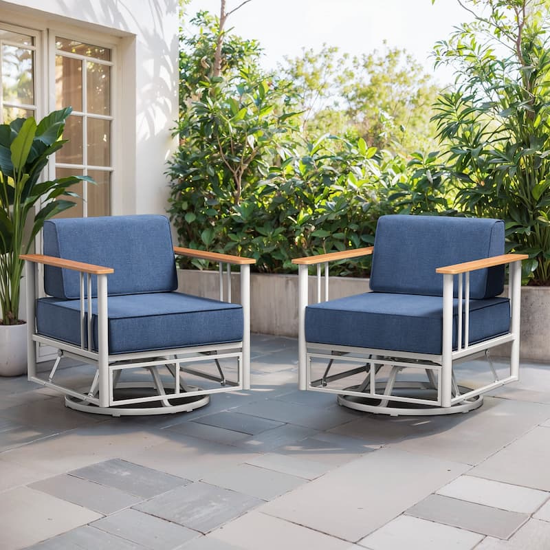Puffin Metal Frame Outdoor Swivel Gliding Chairs with 6-Inch Thick Olefin Cushions - 2-Piece - White/Navy Blue