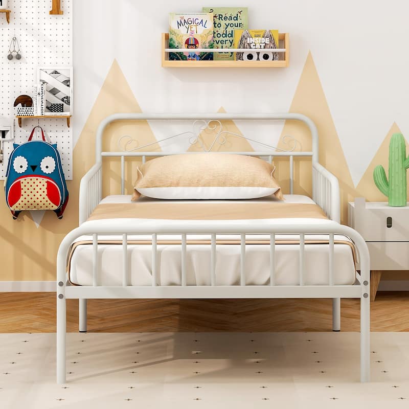 14 Metal Slats Twin Size Bed Frame with Headboard and Safety Side Guardrails