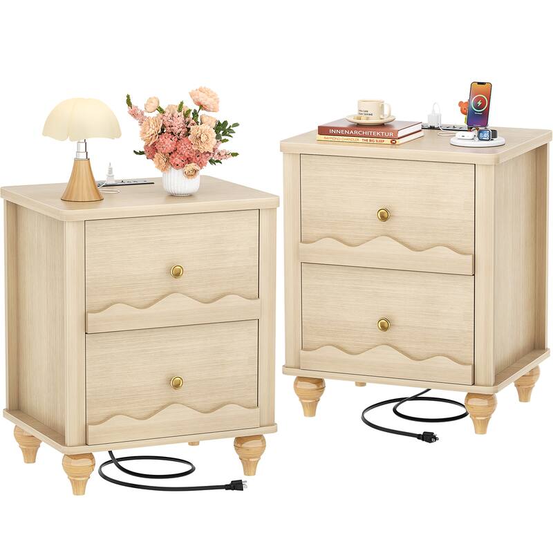 Modern Nightstand with Charging Station, Side End Table with 2 Drawers