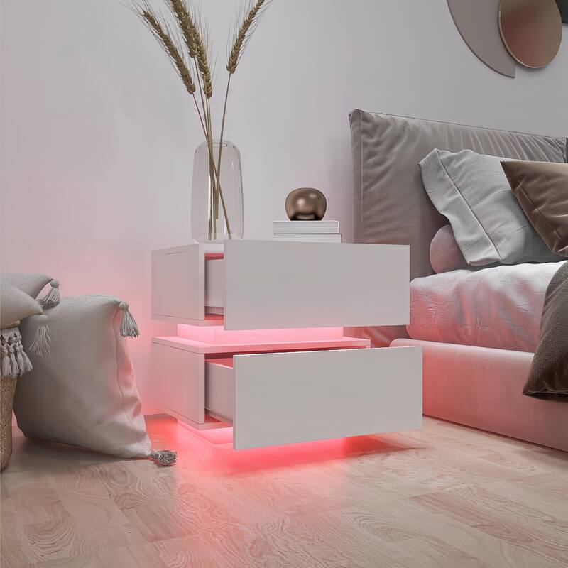 White Color High Glossy 2 Drawers Bedside Table with RGB Led Light Nightstand