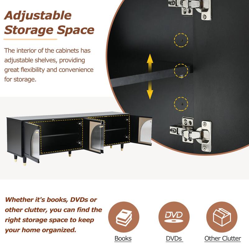 Modern TV Cabinet for TVs Up to 78" with Arch Fluted Glass Doors and Adjustable Shelves, for Living Rooms, Black