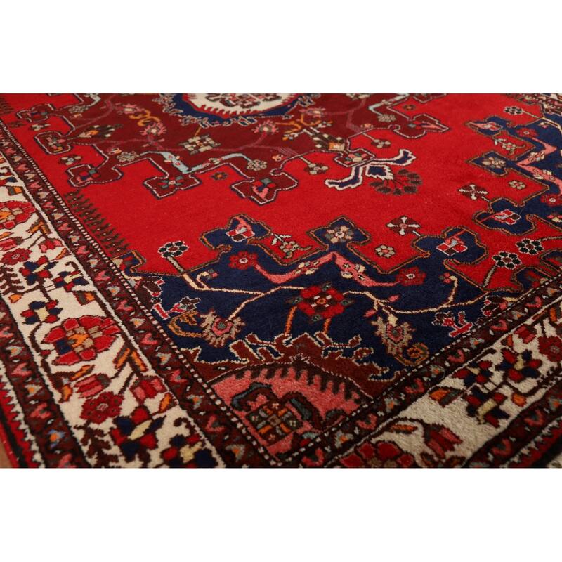 Red Geometric Hamedan Persian Rug Handmade Wool Carpet - 4'8"x 6'4"