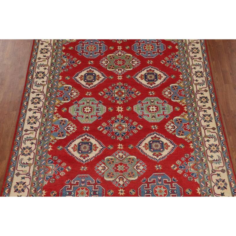 Geometric Red Kazak Area Rug Living Room Hand-Knotted Wool Carpet - 6'8" x 10'3"