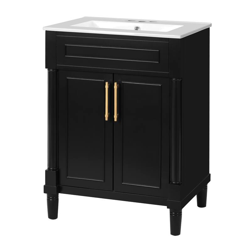 24" Bathroom Vanity with Integrated Ceramic Sink, Bathroom Cabinet with 2 Doors, Single Sink Bathroom Vanity