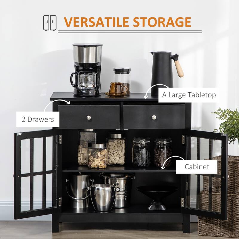 Glass Doors Sideboard Buffet with Adjustable Shelf and 2 Drawers