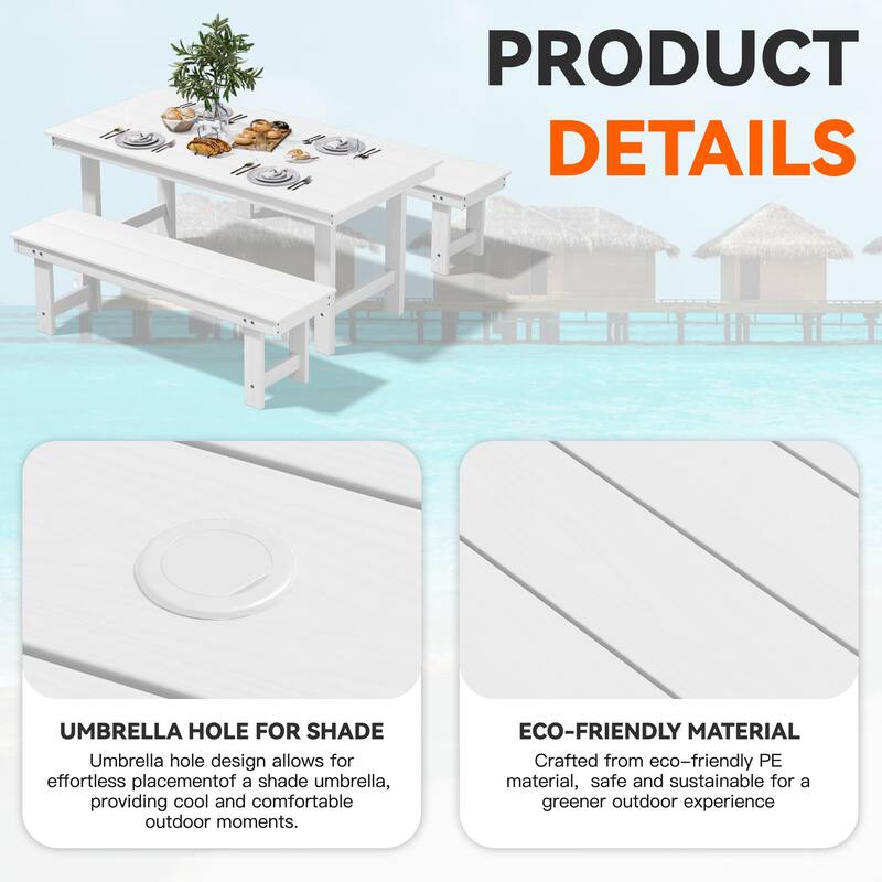 3-Piece HDPE Outdoor Dining Set with Umbrella Hole Table and Two 2-Person Benches