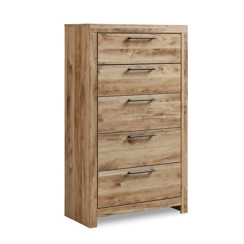 Oma 54 Inch Tall Dresser with 5 Gliding Drawers, Natural Brown Finish