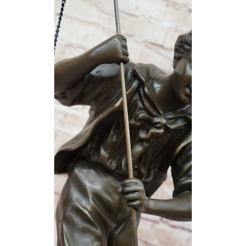 Bronze Sculpture Of A Boy Fishing By Rancoulet - Handmade Statue On Marble Base