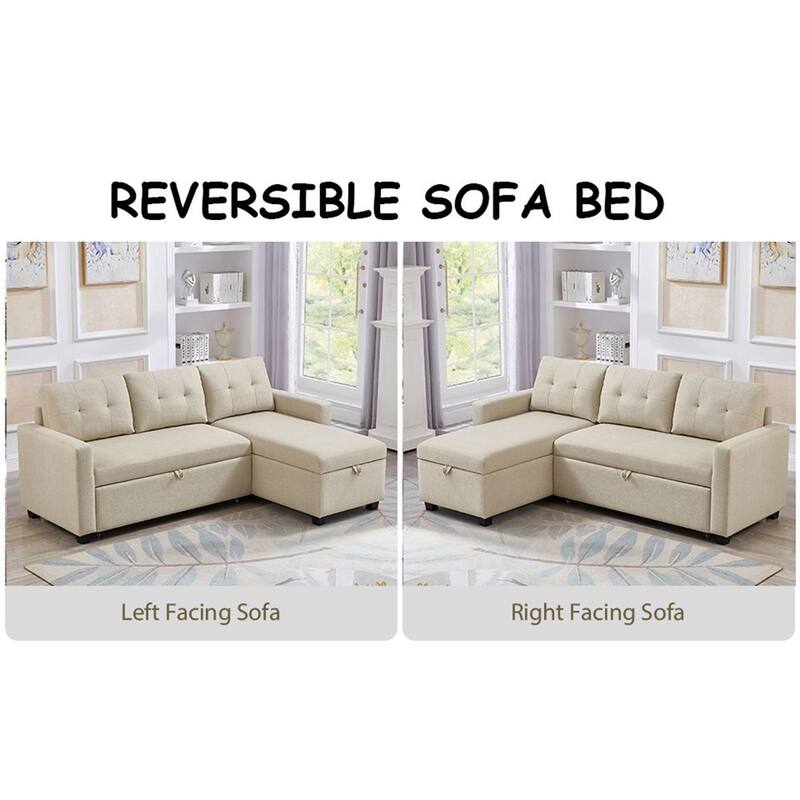 Modern Upholstered Pull Out Sectional Sofa with Storage Chaise