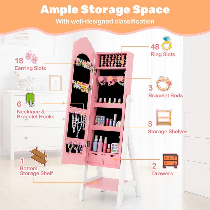 Gymax Kids Jewelry Cabinet Standing Children Jewelry Organizer w/