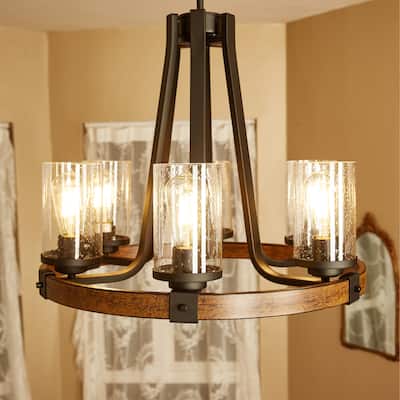 6 Light Shaded Wagon Wheel Chandelier - Black - 24.23"x32.31"