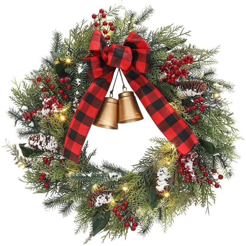 24 Inch Lit Christmas Wreath with Bells & Bow for Front Door, Window, Indoor - Multi