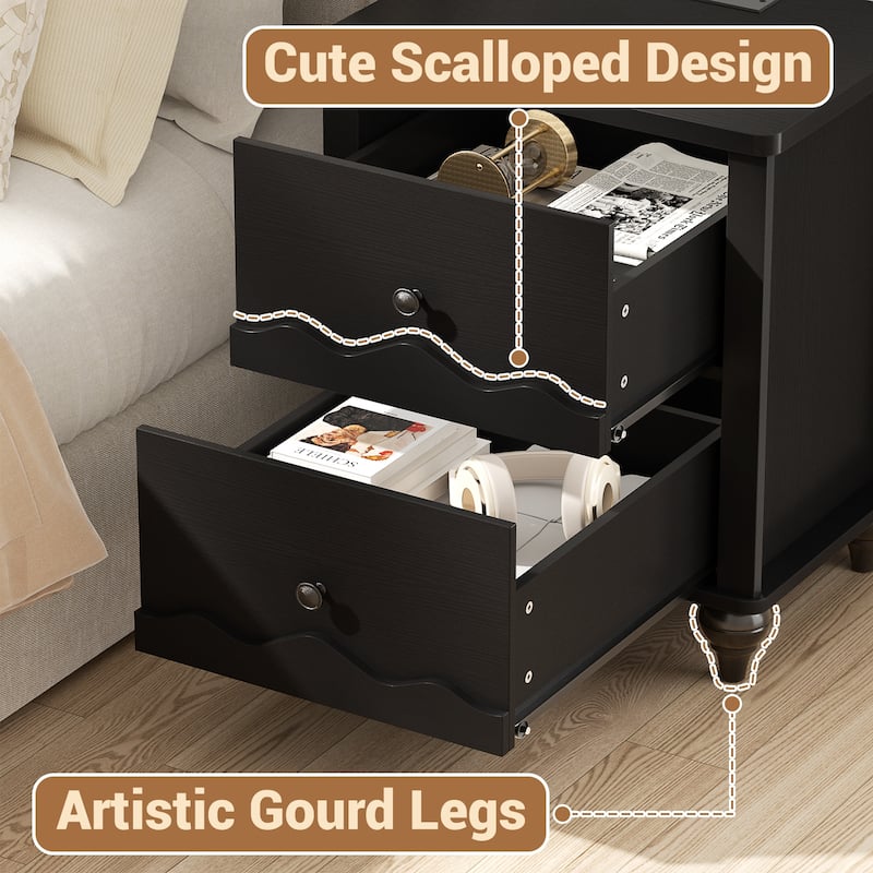 Modern Nightstand with Charging Station, Side End Table with 2 Drawers