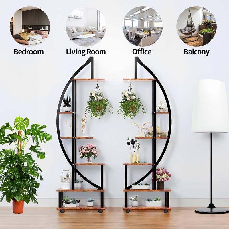 2 pcs 6 Tier Tall Metal Plant Stand Indoor with Grow Light, Half Moon Shape Plant Shelf & Wheels, Curved Ladder Flower Pot Rack
