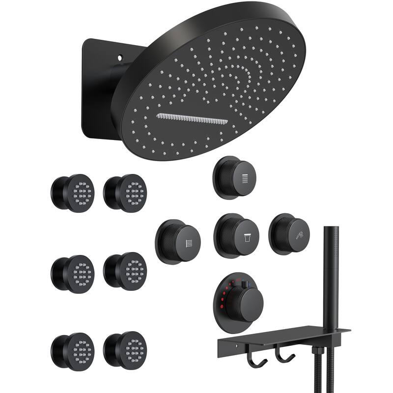 GRANDJOY Shower Faucet Set 12 inch Wall Mount Rainfall Waterfall Shower Head Body Jets Handheld Spray Thermostatic Valve