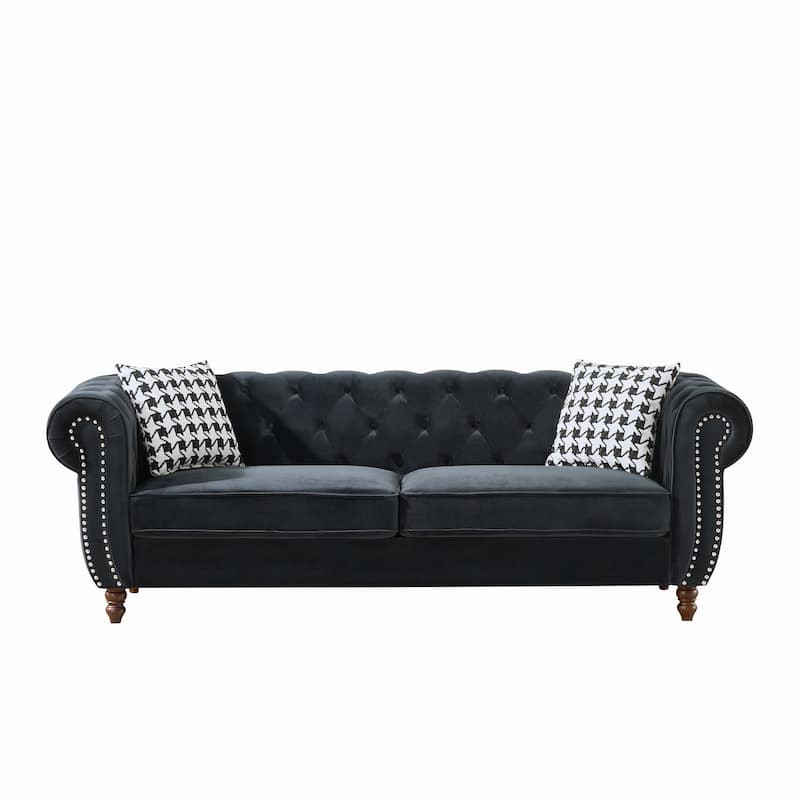 87"Chesterfield ‌Velvet Upholstery Fabric Sofa With Roll Armrest & Nailhead,Upholstered Modern Couch,3 Seater Couch