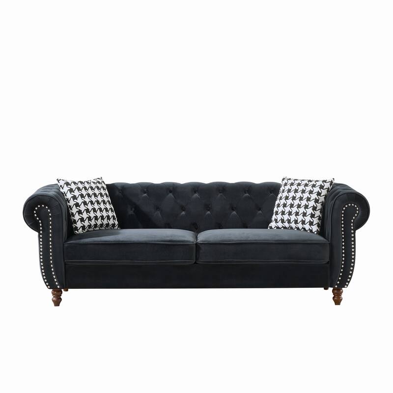 Chesterfield Upholstered 3 Seater Sofa, Velvet Fabric Sofa with Nailhead & Roll Armrest, Lounge Sofa with Solid Wood Frame‌