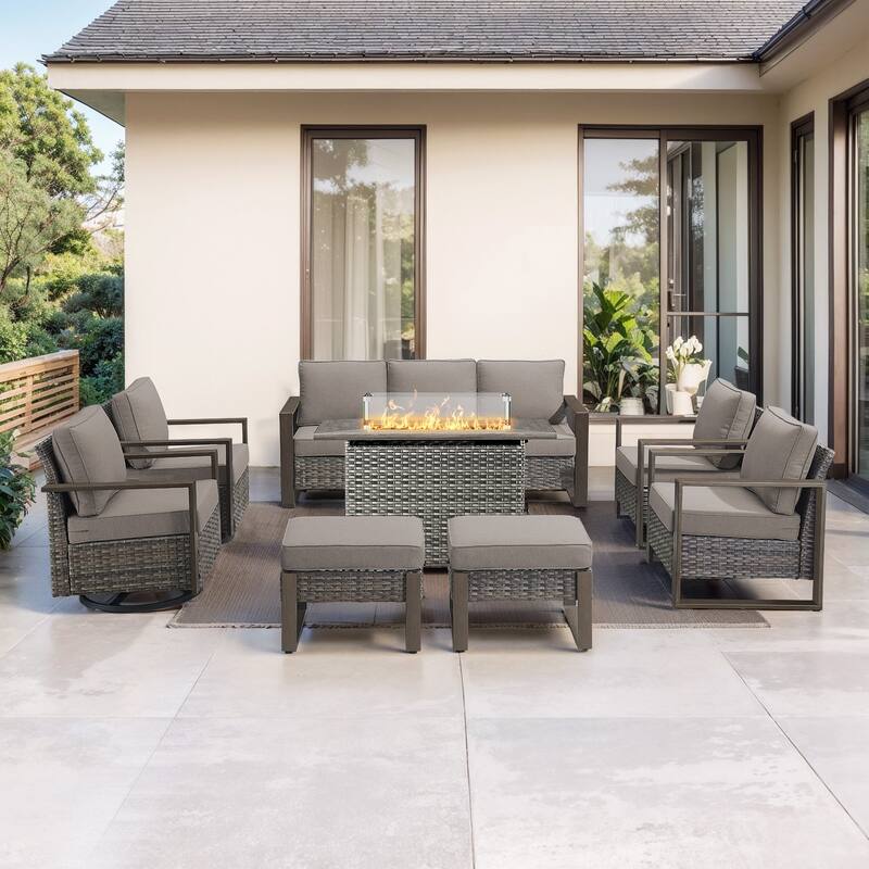 Pocassy 8 Pieces Outdoor Sofa Chair Ottoman with Fire Pit Table Set - Gray cushion - Gray Wicker