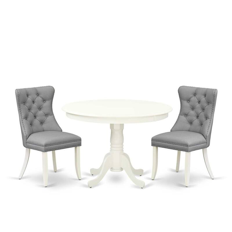 3-Piece Linen White Finish Solid Wood Top-Round Upholstered Dining Room Set-Seats 4