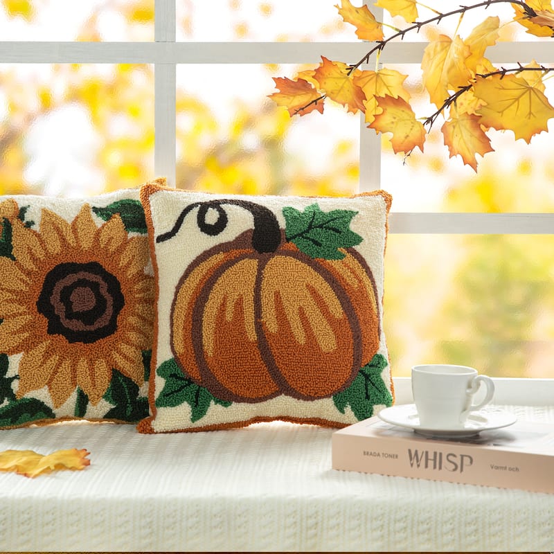 Glitzhome 14''H Fall Harvest Hooked Pumpkin Sunflower Pillow