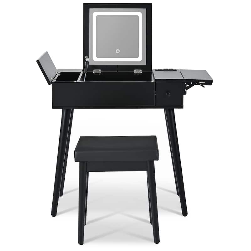 27.9''Makeup Vanity Desk With Flip Top Mirror And Led Light,Dressing Table With Charging Station,2 Drawers,With Cushioned Stool