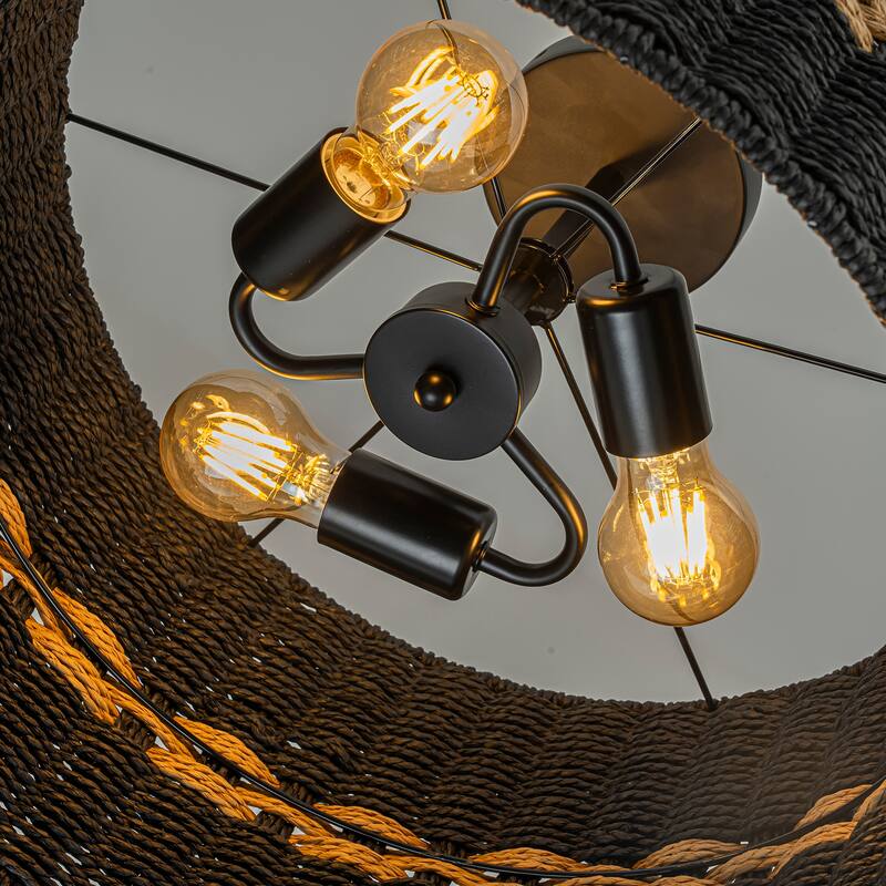 Kira 3-Light Rattan Rope Drum Pendant, Coastal Boho - Handwoven - 18" Wide