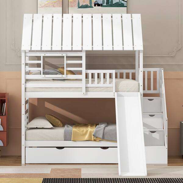 slide 2 of 26, Twin over Twin Wooden House Bunk Bed Frame w/ Trundle & Storage Staircase White