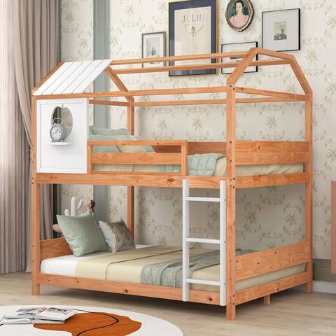 Wood Full over Full House Bunk Bed ,Natural-77.2''L*56''W