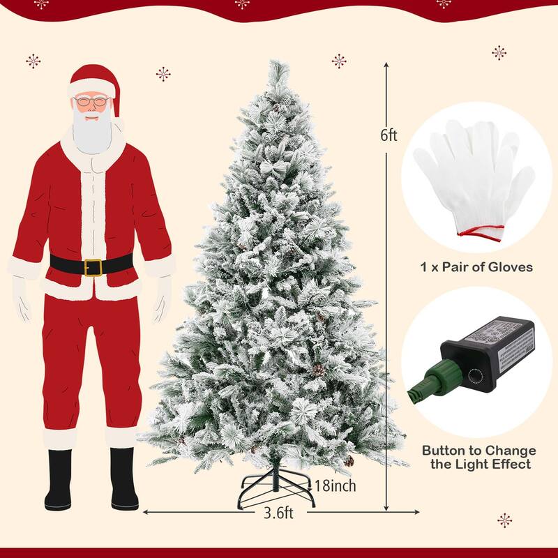 4.5 FT/6FT/7ft Pre-Lit Snow Flocked Christmas Tree Hinged Xmas Tree - 6 Foot