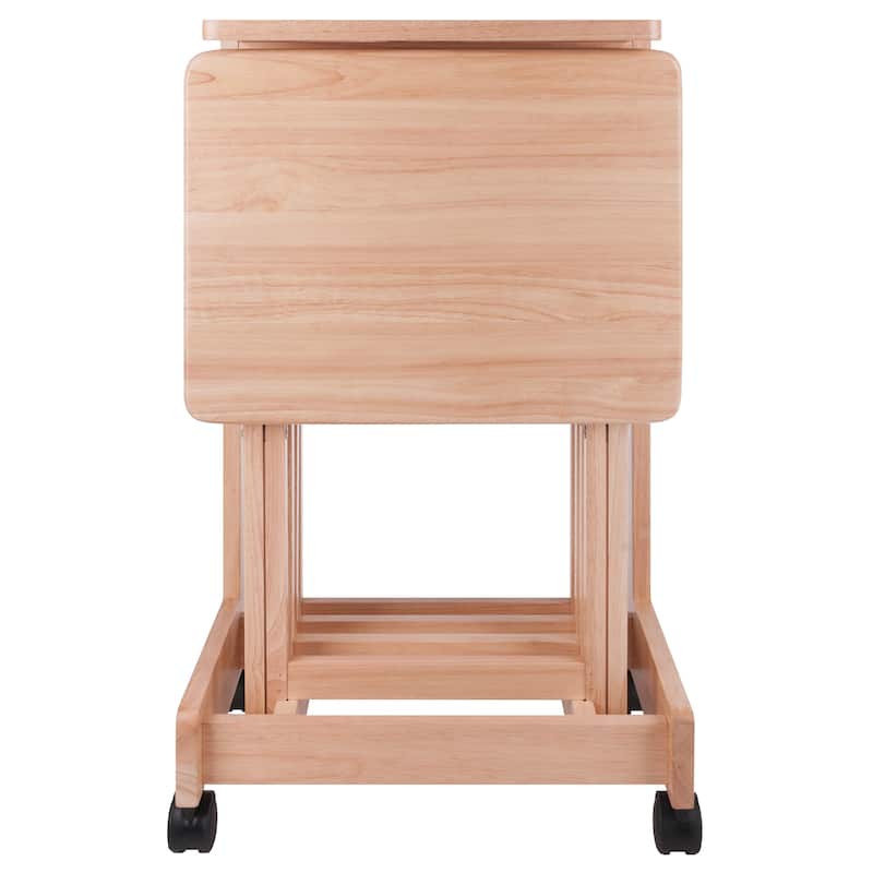 5 Pc Natural Wood Brienda Flip Top Snack Table Set with Mobile Stand 32"
